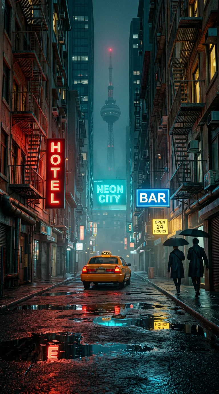 Example AI-generated image — rainy neon city street